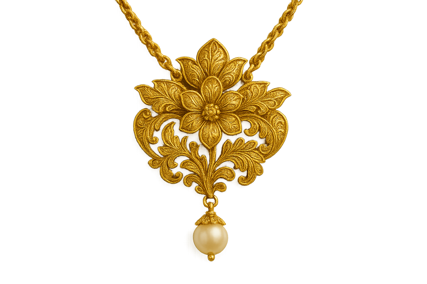 Elegant 22KT gold pendant necklace with intricate floral design. Perfect for festive and daily wear. with pearl give the image in png format no background  