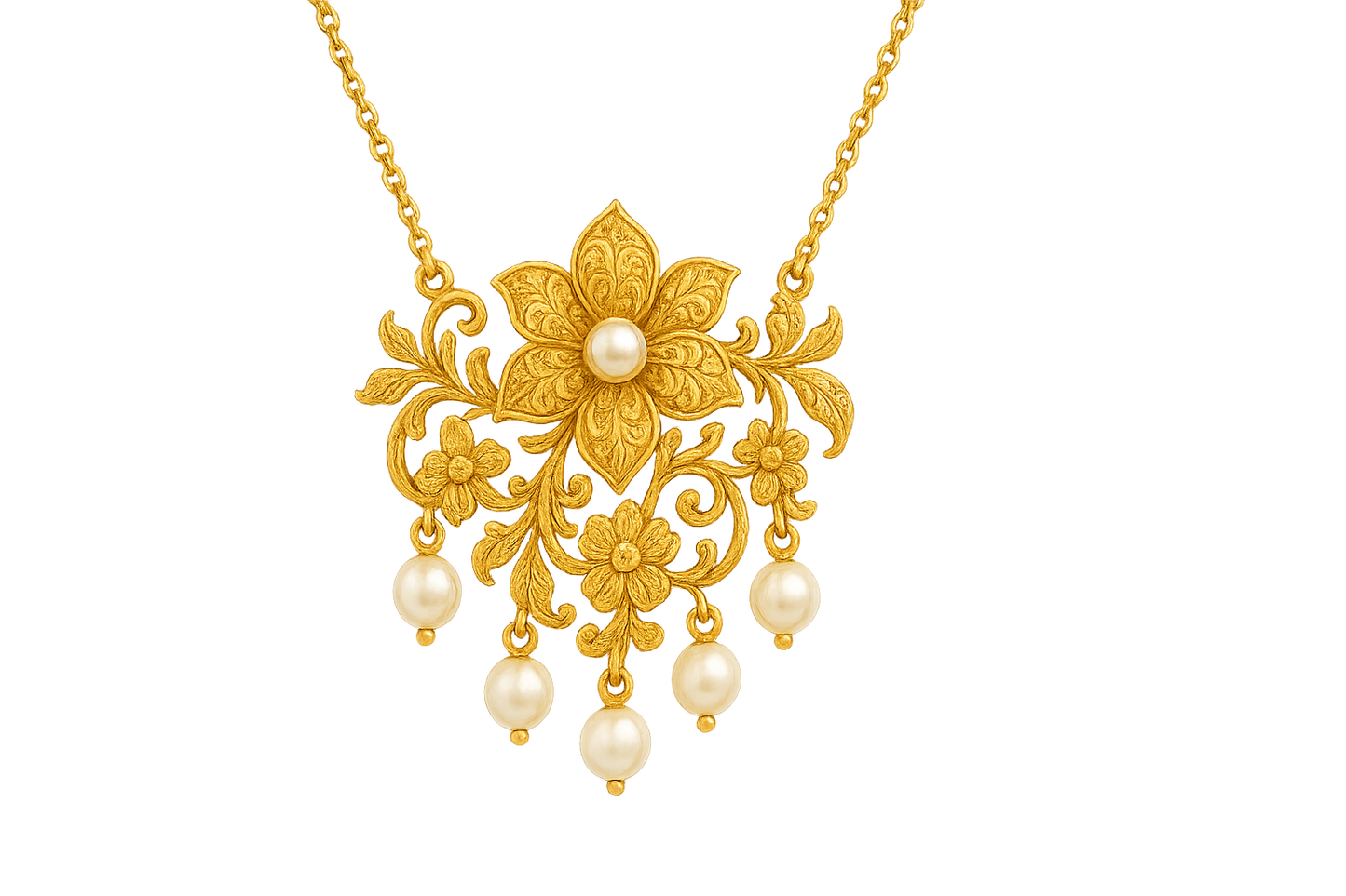 Elegant 22KT gold pendant necklace with intricate floral design. Perfect for festive and daily wear. with pearl give the image in png format no background