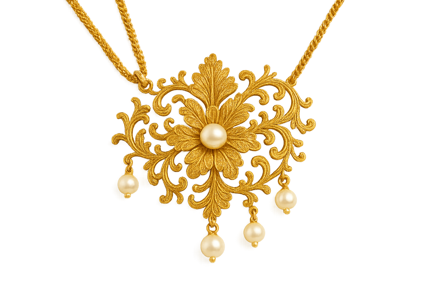 Elegant 22KT gold pendant necklace with intricate floral design. Perfect for festive and daily wear. with pearl give the image in png format no background  