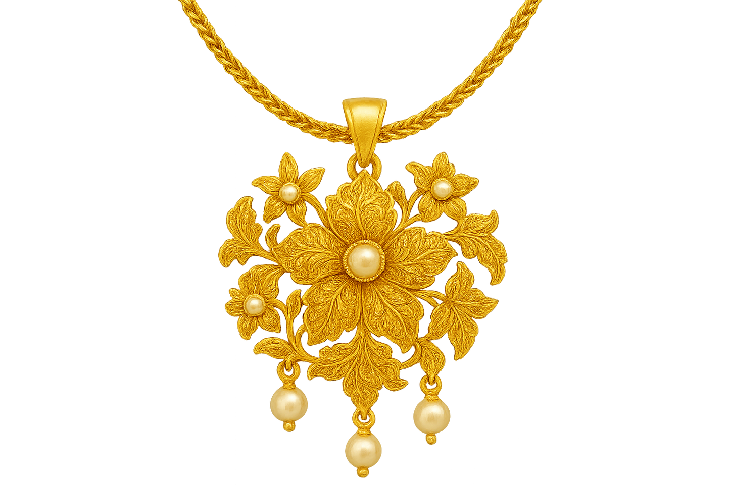 Elegant 22KT gold pendant necklace with intricate floral design. Perfect for festive and daily wear. with pearl give the image in png format no background 