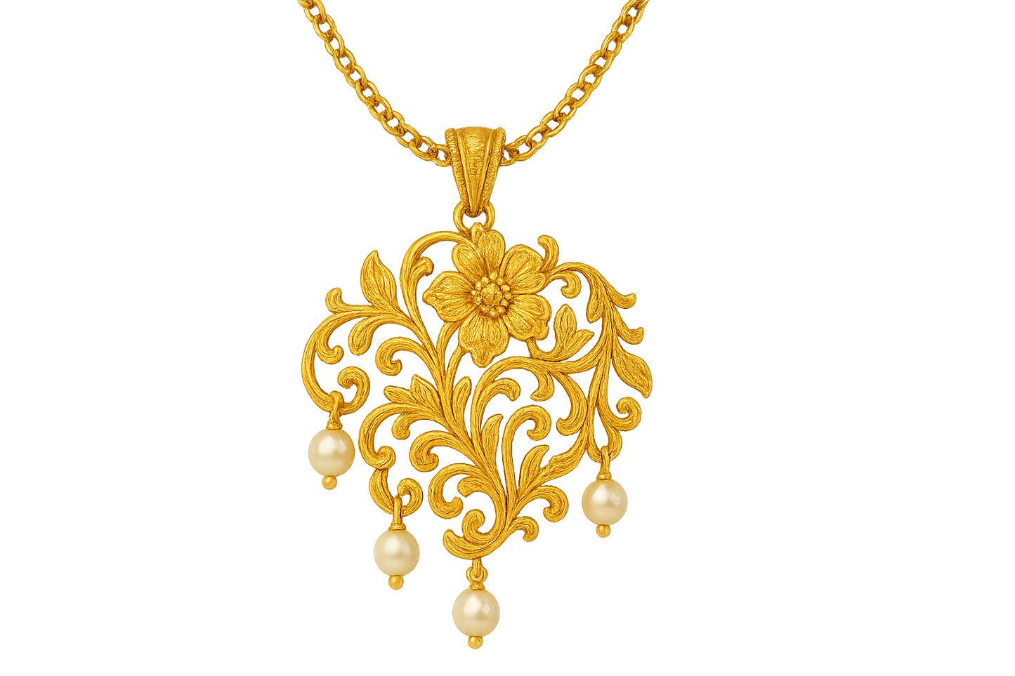 Elegant 22KT gold pendant necklace with intricate floral design. Perfect for festive and daily wear. with pearl give the image in png format no background
