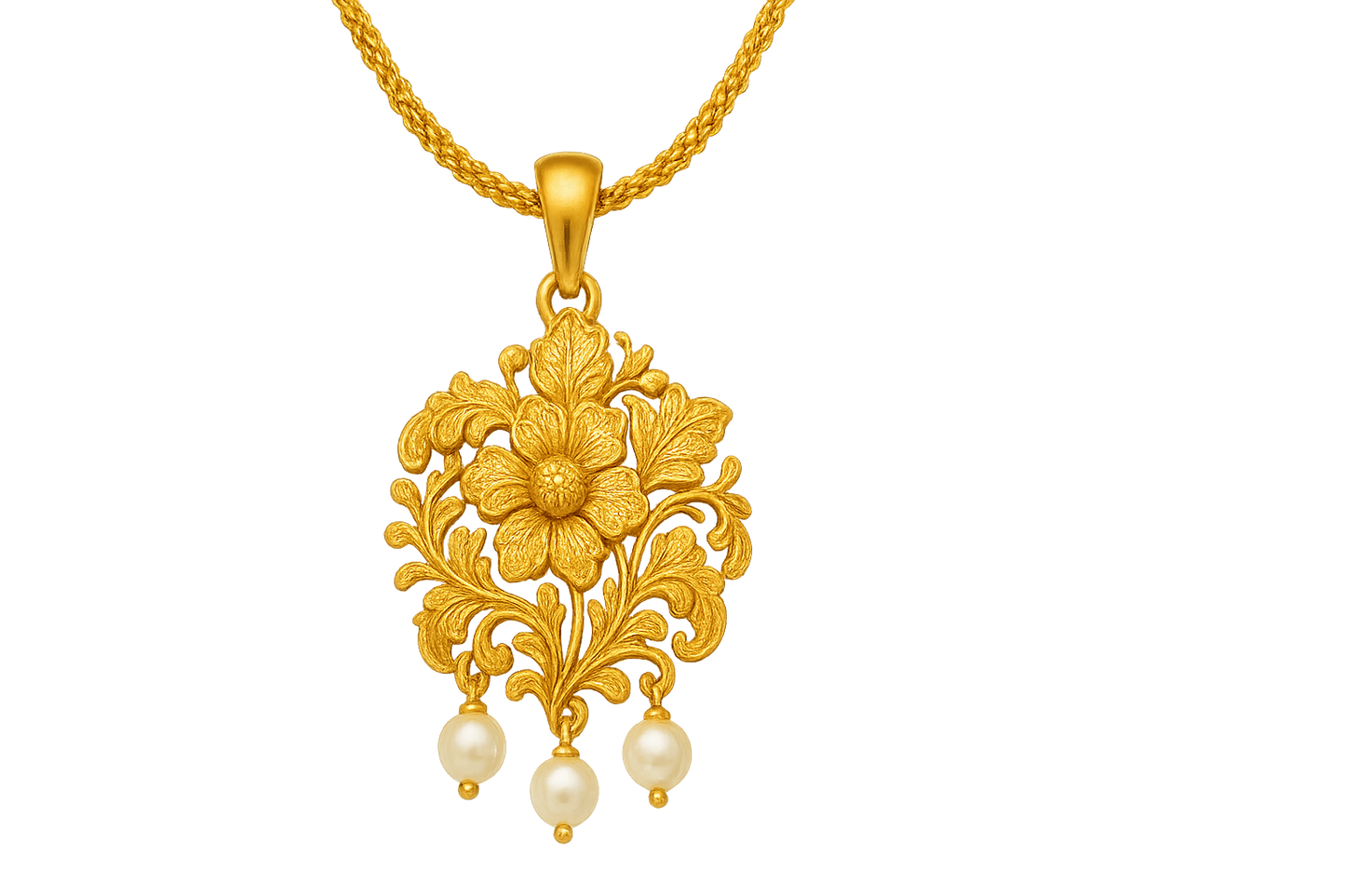 Elegant 22KT gold pendant necklace with intricate floral design. Perfect for festive and daily wear. with pearl give the image in png format no background 