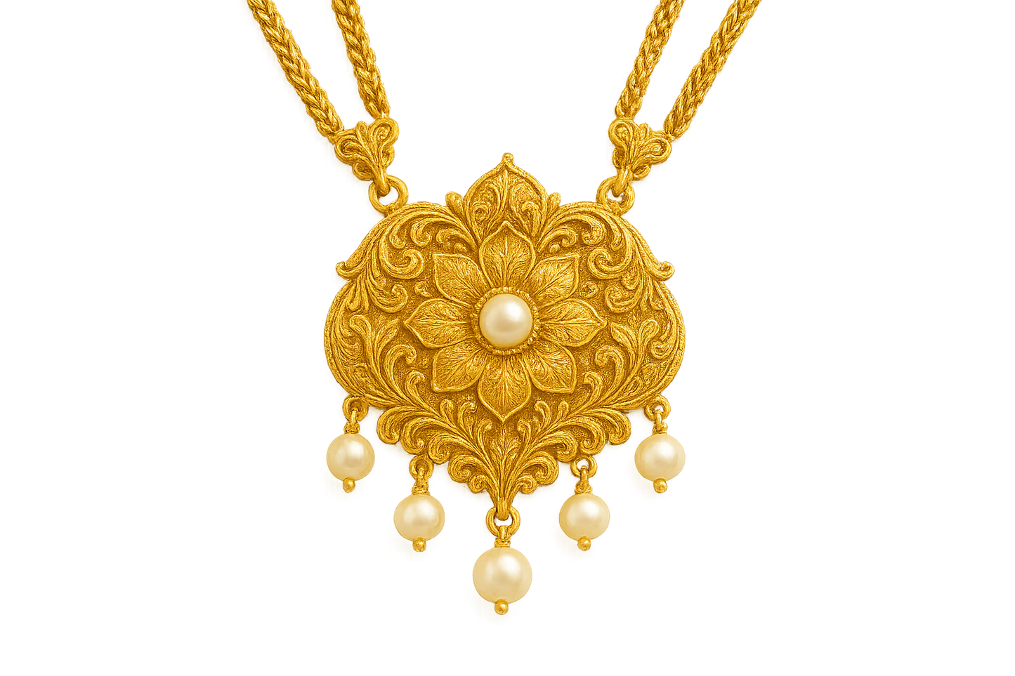 Elegant 22KT gold pendant necklace with intricate floral design. Perfect for festive and daily wear. with pearl give the image in png format no background
