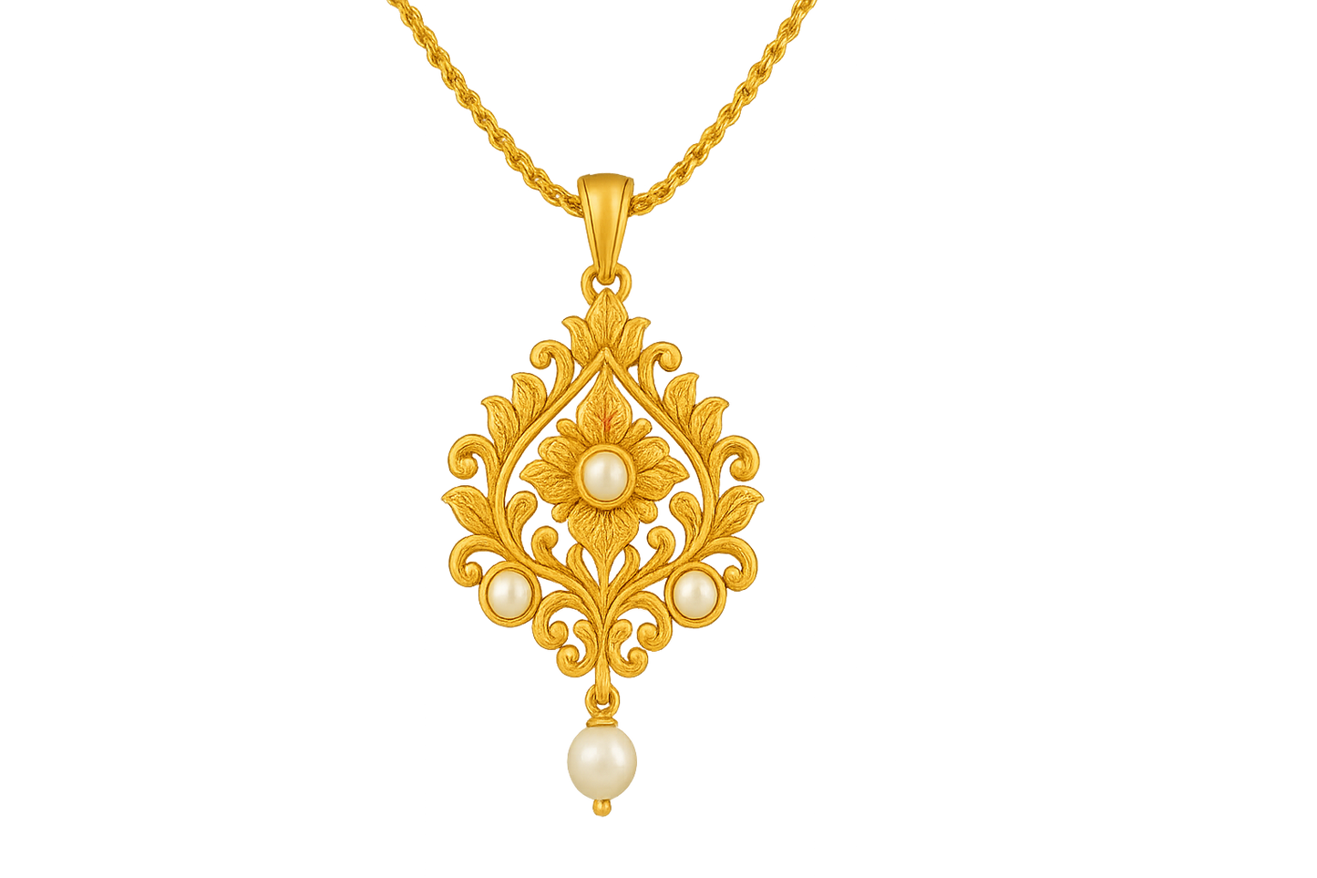 Elegant 22KT gold pendant necklace with intricate floral design. Perfect for festive and daily wear. with pearl give the image in png format no background