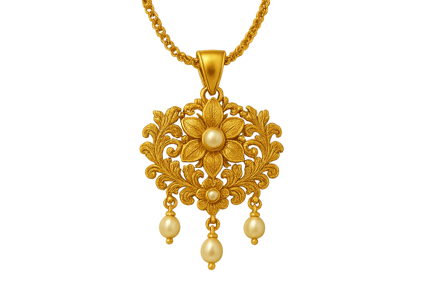 Elegant 22KT gold pendant necklace with intricate floral design. Perfect for festive and daily wear. with pearl give the image in png format no background 