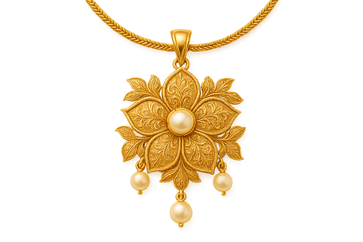 Elegant 22KT gold pendant necklace with intricate floral design. Perfect for festive and daily wear. with pearl give the image in png format no background  