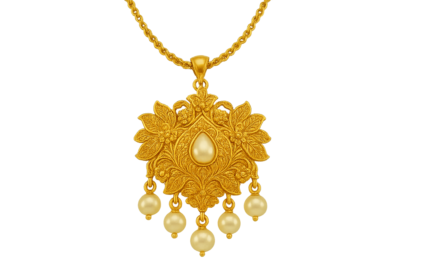 Elegant 22KT gold pendant necklace with intricate floral design. Perfect for festive and daily wear. with pearl give the image in png format no background 