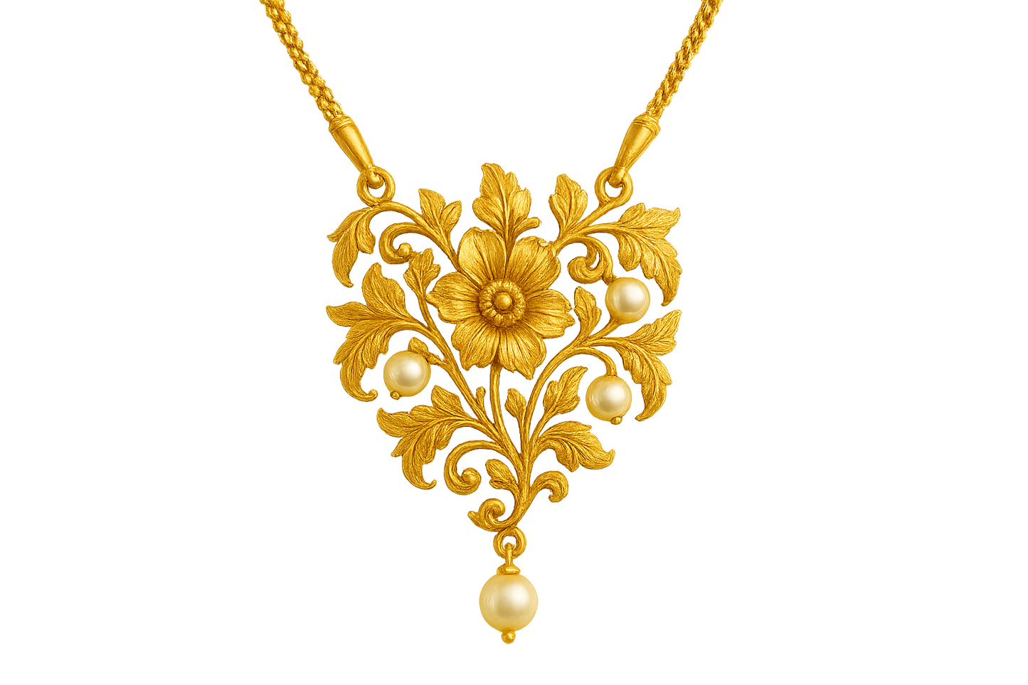 Elegant 22KT gold pendant necklace with intricate floral design. Perfect for festive and daily wear. with pearl give the image in png format no background 