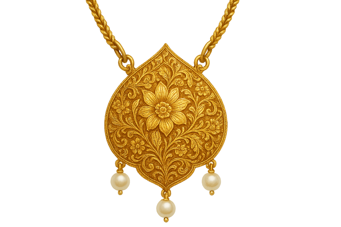 Elegant 22KT gold pendant necklace with intricate floral design. Perfect for festive and daily wear. with pearl give the image in png format no background 