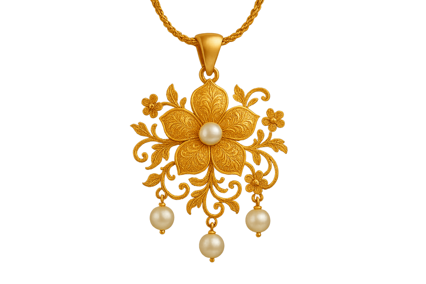 Elegant 22KT gold pendant necklace with intricate floral design. Perfect for festive and daily wear. with pearl give the image in png format no background