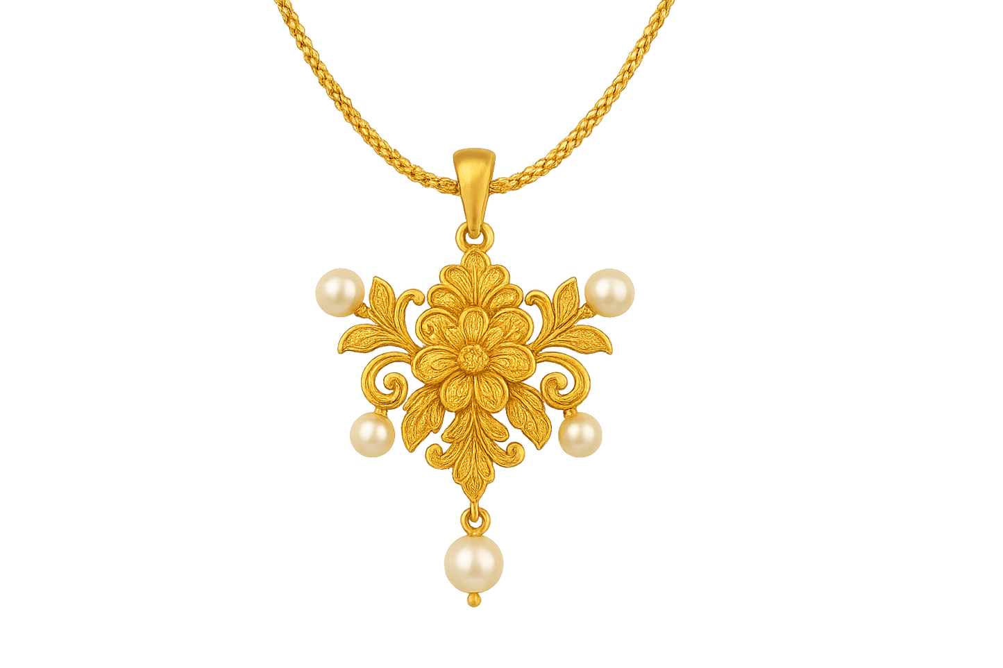 Elegant 22KT gold pendant necklace with intricate floral design. Perfect for festive and daily wear. with pearl give the image in png format no background