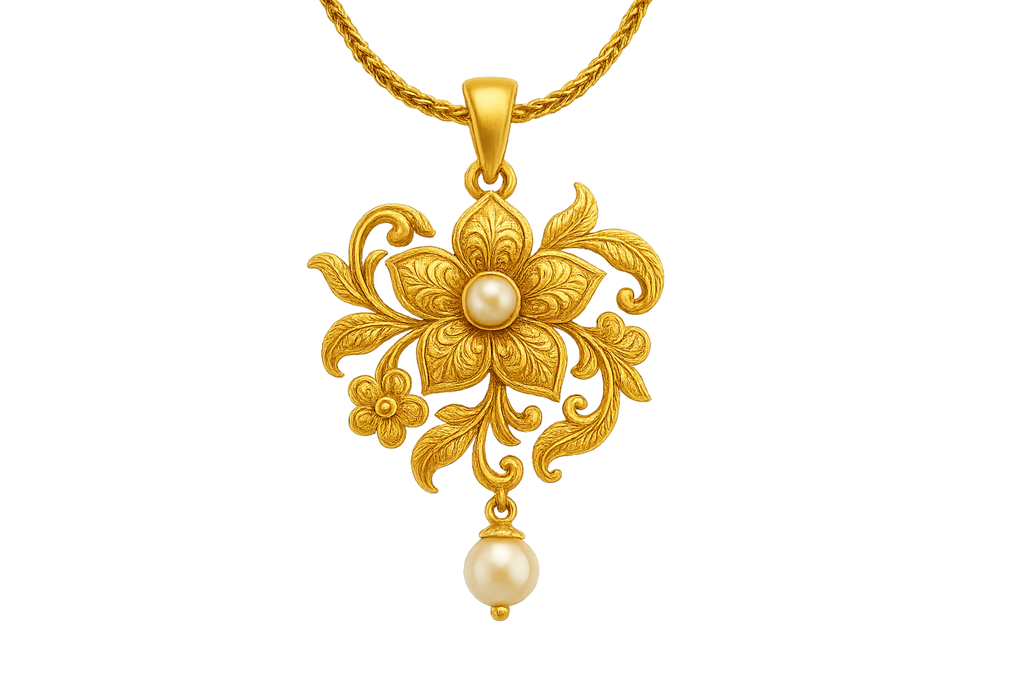 Elegant 22KT gold pendant necklace with intricate floral design. Perfect for festive and daily wear. with pearl give the image in png format no background