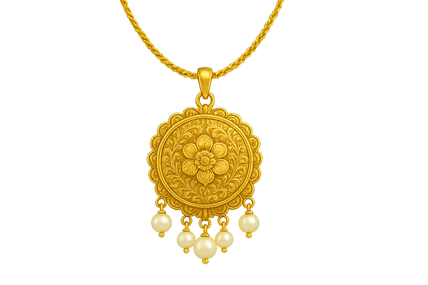 Elegant 22KT gold pendant necklace with intricate floral design. Perfect for festive and daily wear. with pearl give the image in png format no background