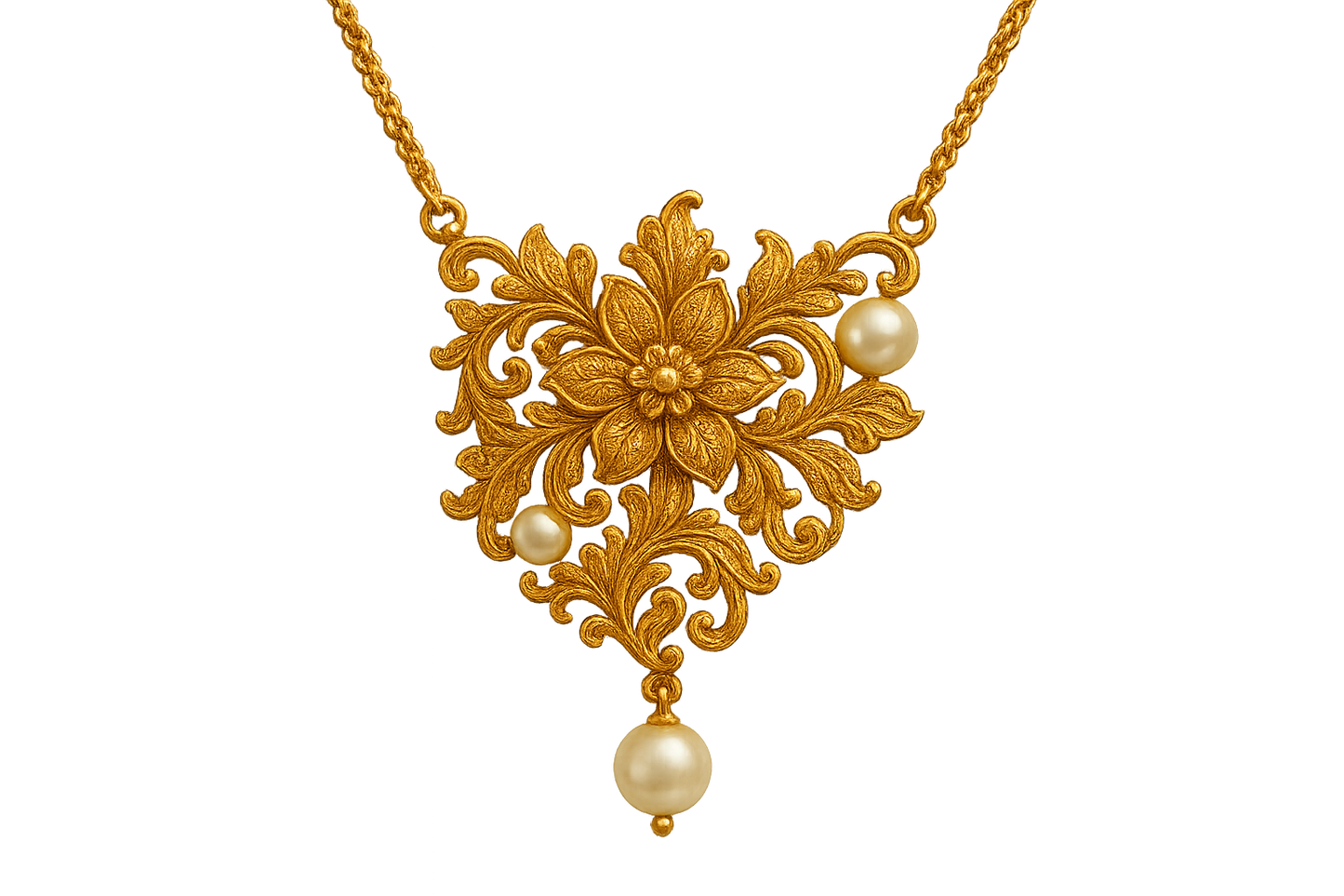 Elegant 22KT gold pendant necklace with intricate floral design. Perfect for festive and daily wear. with pearl give the image png format no background