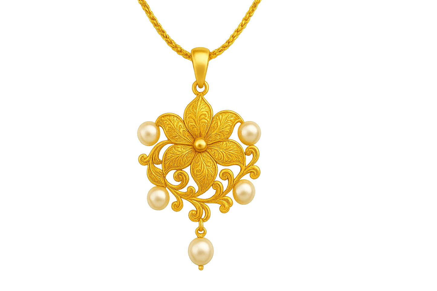 Elegant 22KT gold pendant necklace with intricate floral design. Perfect for festive and daily wear. with pearl give the image png format no background