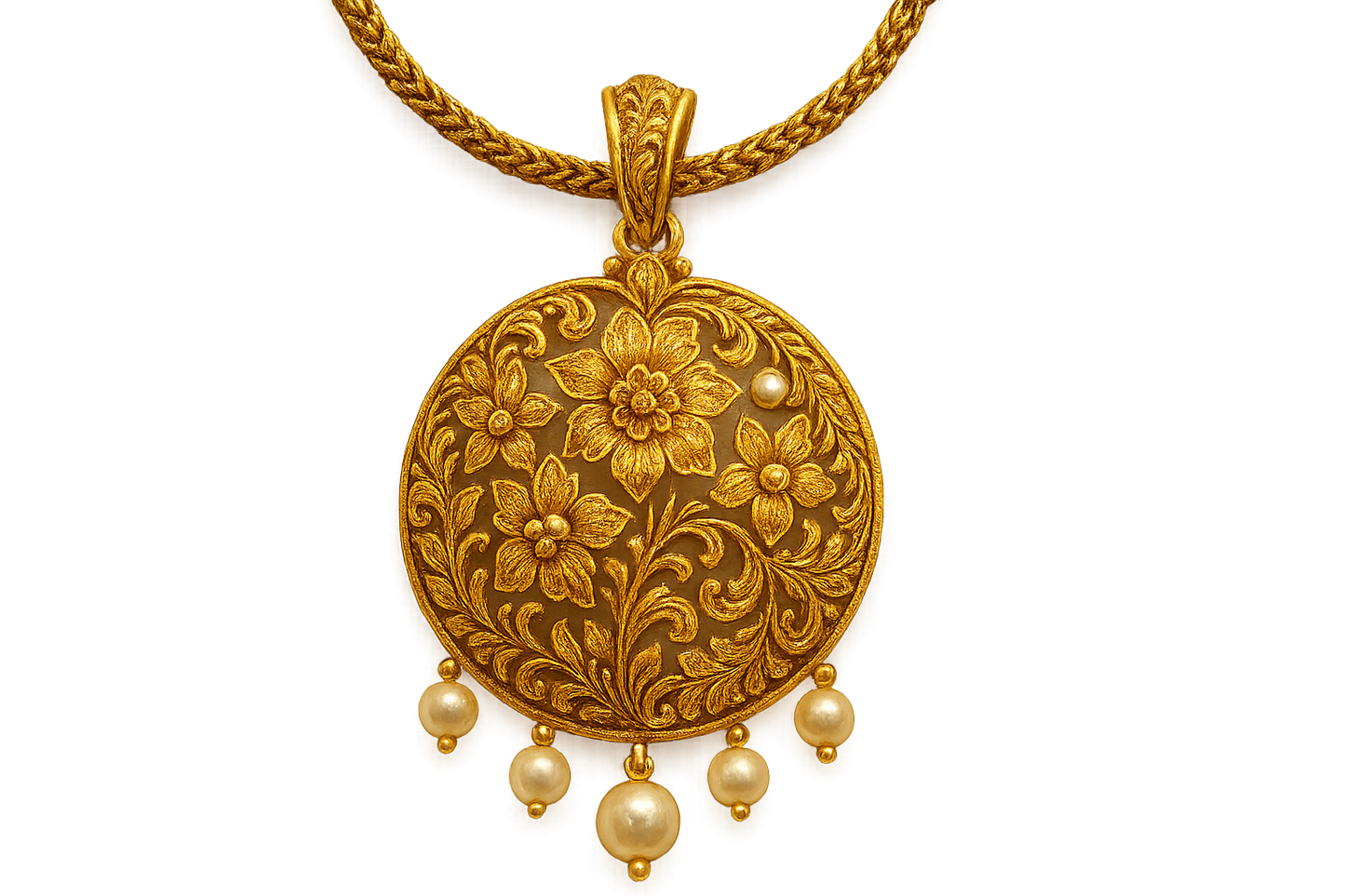 Elegant 22KT gold pendant necklace with intricate floral design. Perfect for festive and daily wear. with pearl give the image png format no background 