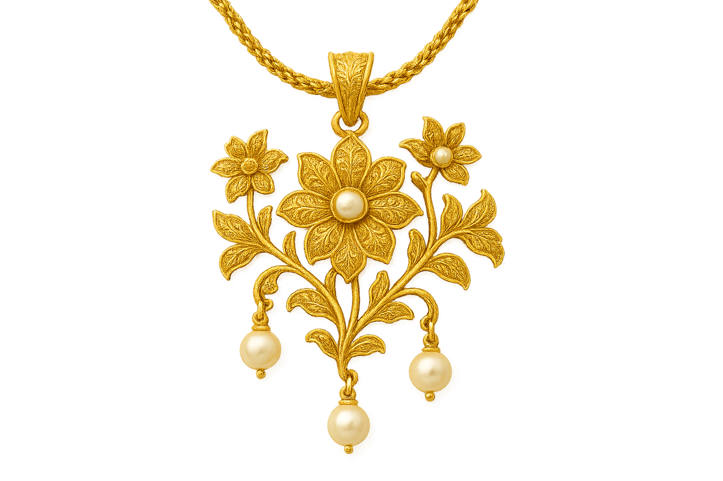 Elegant 22KT gold pendant necklace with intricate floral design. Perfect for festive and daily wear. with pearl give the image png format no background 