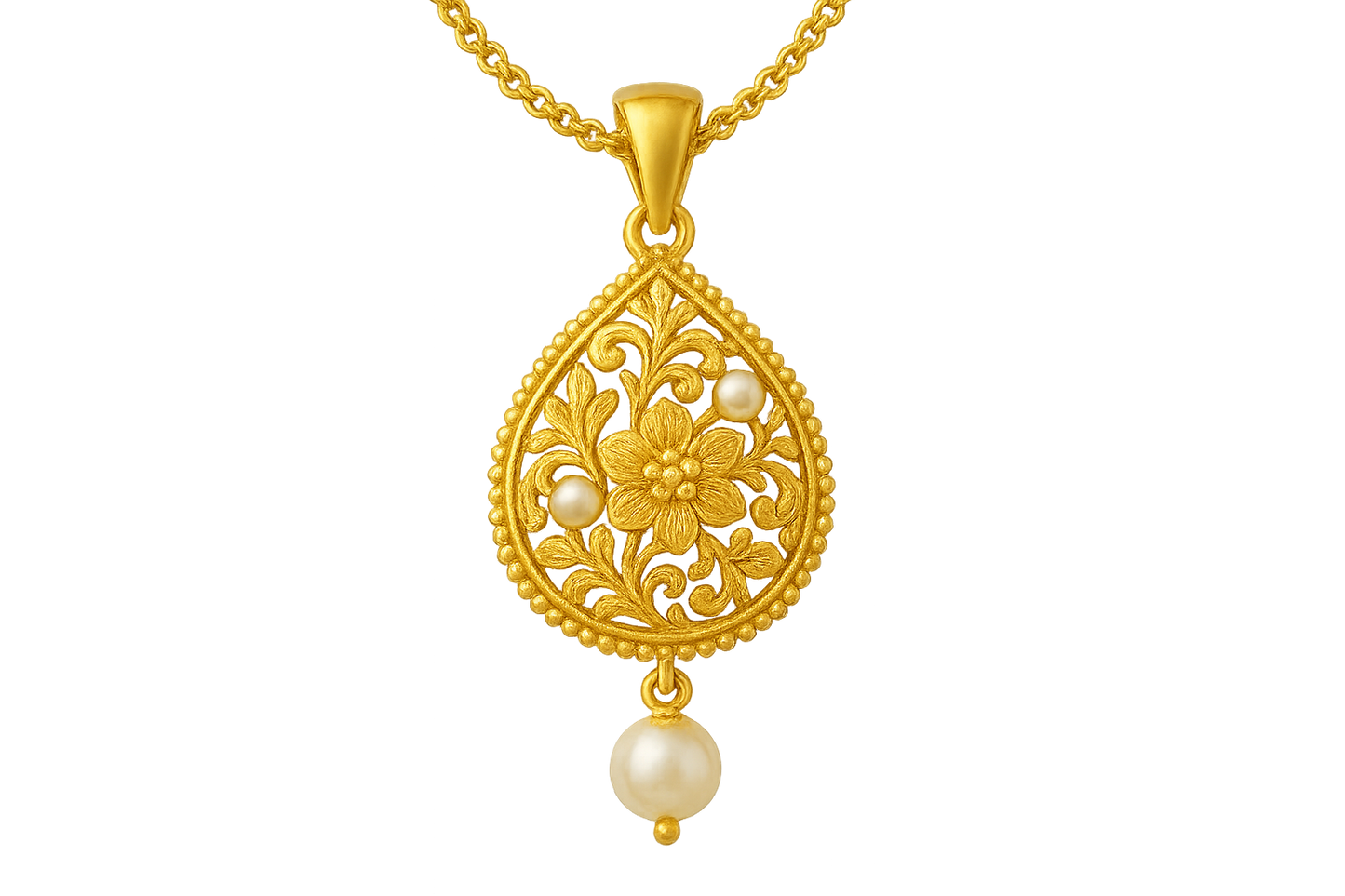 Elegant 22KT gold pendant necklace with intricate floral design. Perfect for festive and daily wear. with pearl give the image png format no background