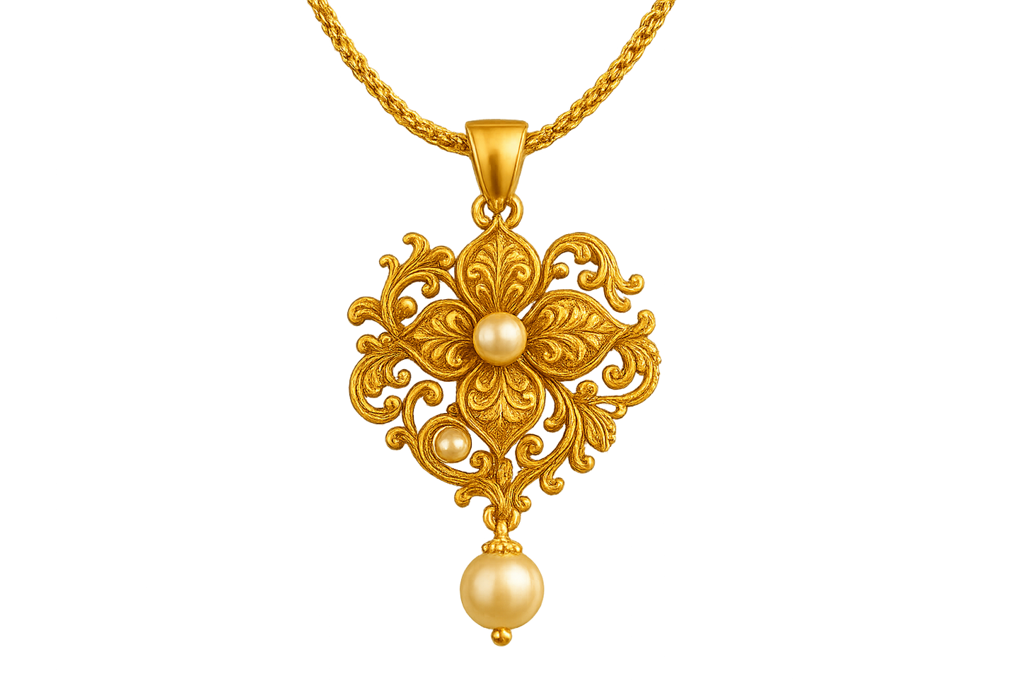 Elegant 22KT gold pendant necklace with intricate floral design. Perfect for festive and daily wear. with pearl give the image png format no background 