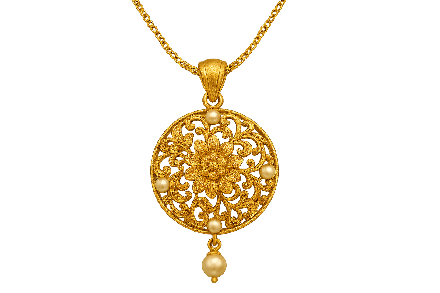 Elegant 22KT gold pendant necklace with intricate floral design. Perfect for festive and daily wear. with pearl give the image png format no background 