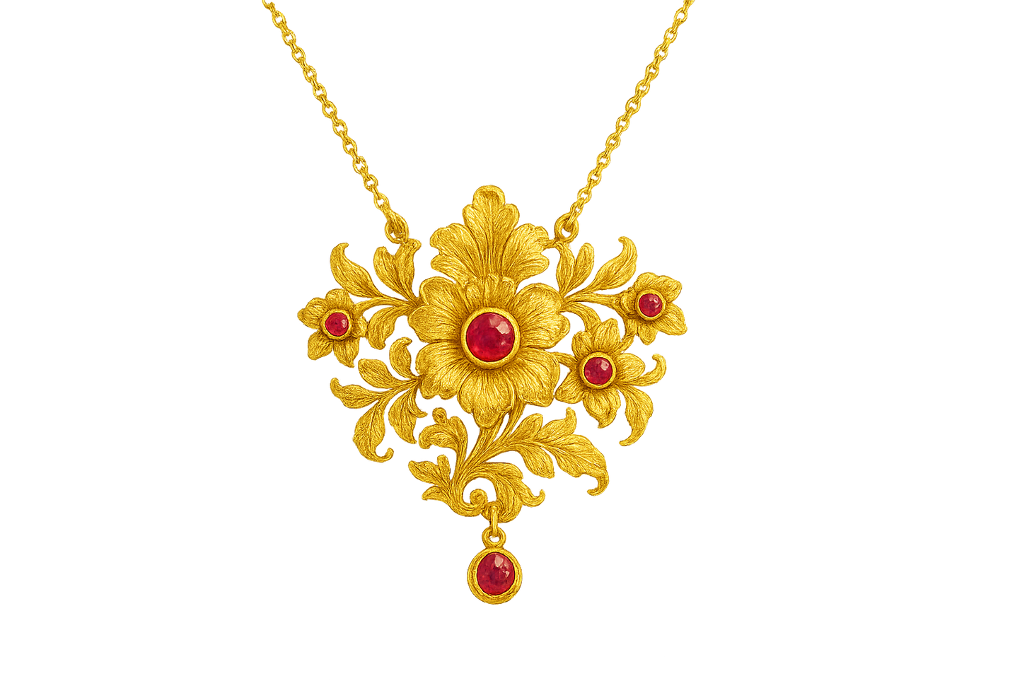 Elegant 22KT gold pendant necklace with intricate floral design. Perfect for festive and daily wear. with ruby give the image in format no background 