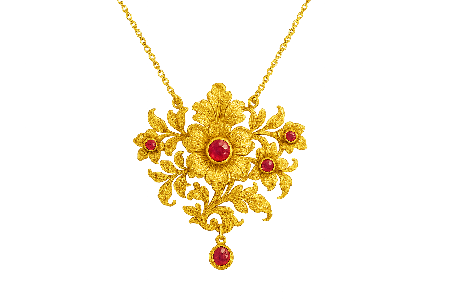 Elegant 22KT gold pendant necklace with intricate floral design. Perfect for festive and daily wear. with ruby give the image in format no background 