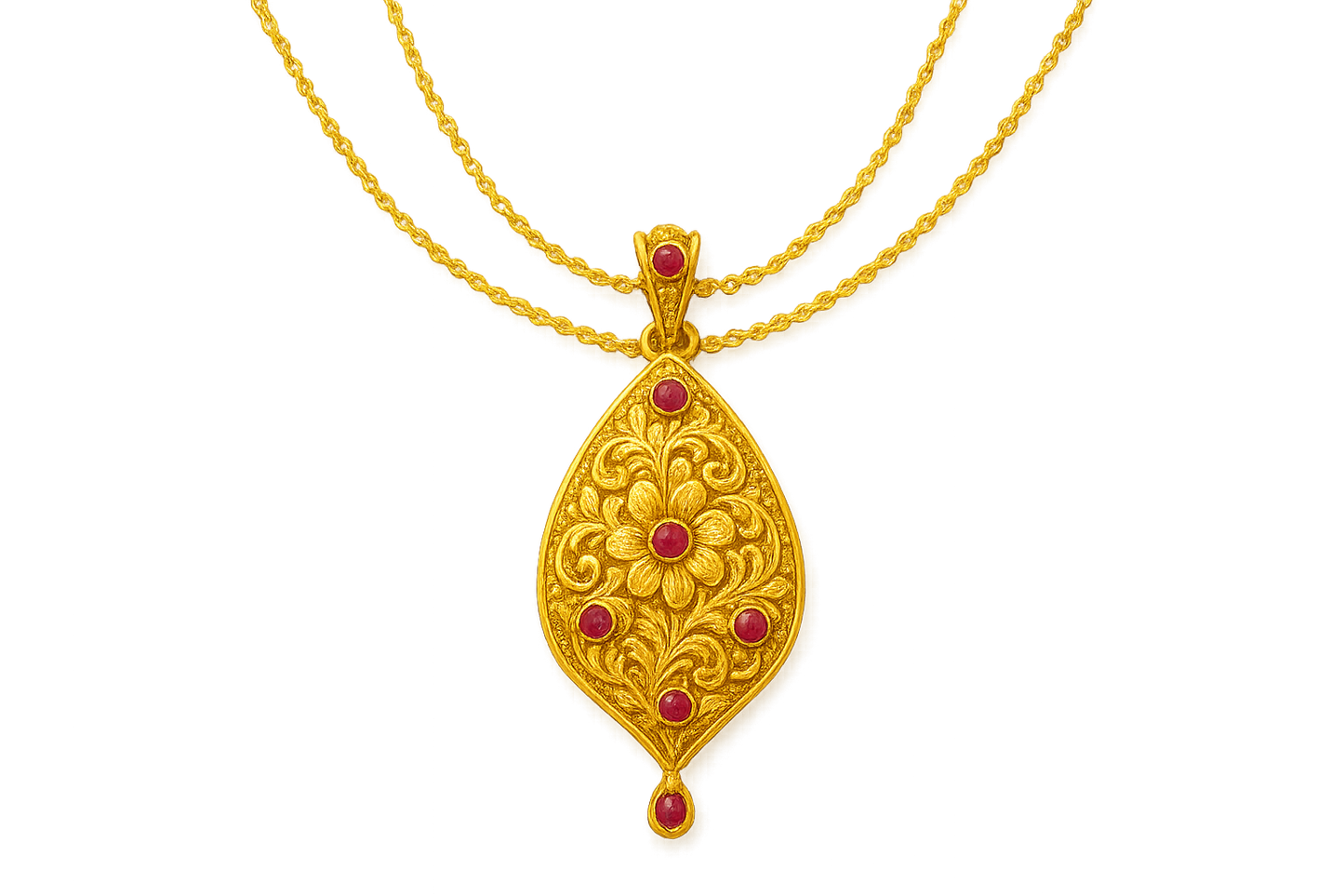 Elegant 22KT gold pendant necklace with intricate floral design. Perfect for festive and daily wear. with ruby give the image in format no background 