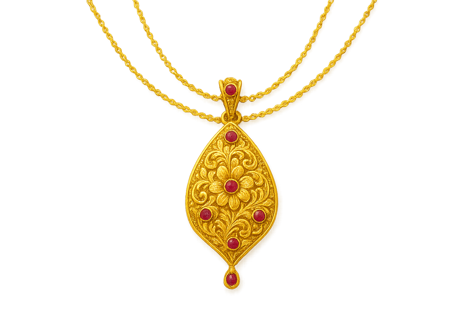 Elegant 22KT gold pendant necklace with intricate floral design. Perfect for festive and daily wear. with ruby give the image in format no background 