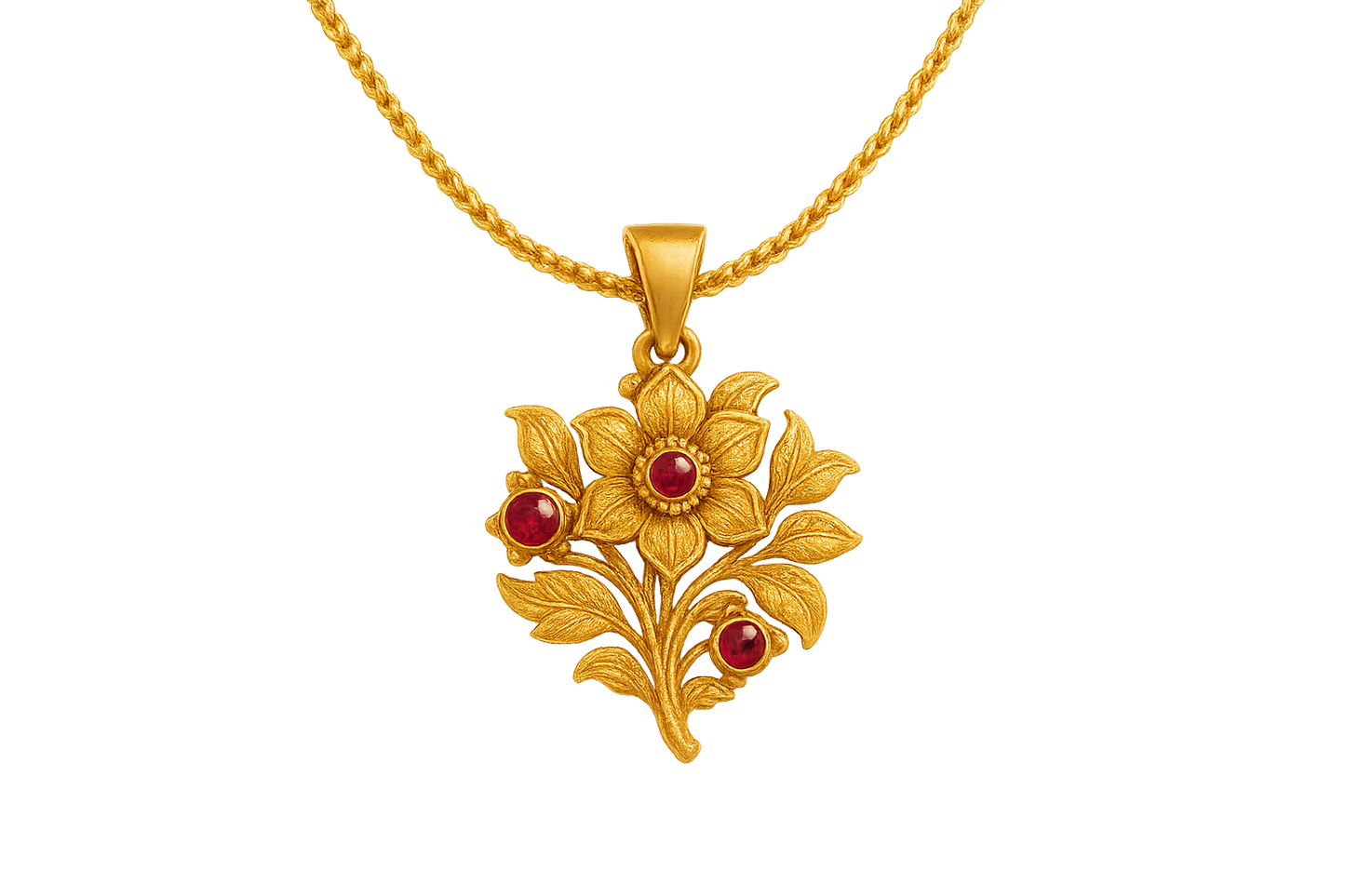 Elegant 22KT gold pendant necklace with intricate floral design. Perfect for festive and daily wear. with ruby give the image in format no background
