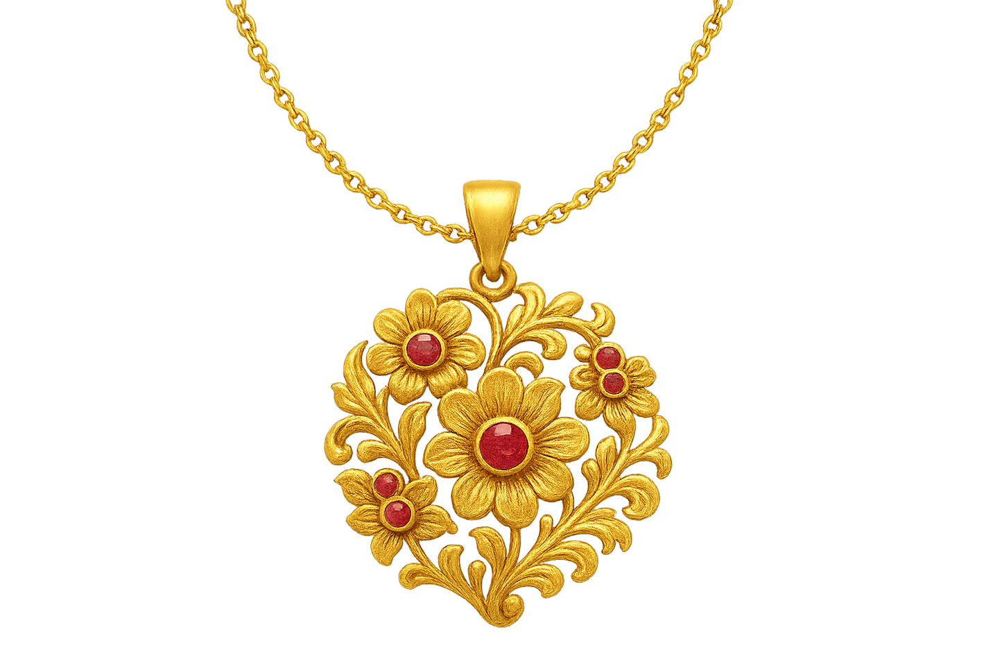 Elegant 22KT gold pendant necklace with intricate floral design. Perfect for festive and daily wear. with ruby give the image in format no background 
