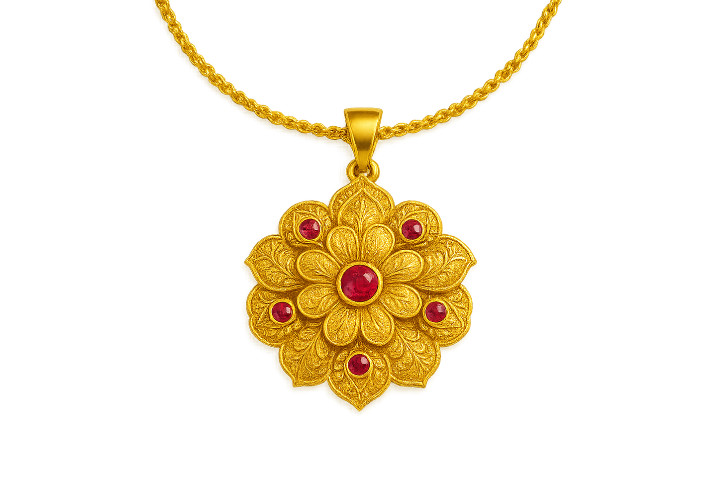 Elegant 22KT gold pendant necklace with intricate floral design. Perfect for festive and daily wear. with ruby give the image in format no background 