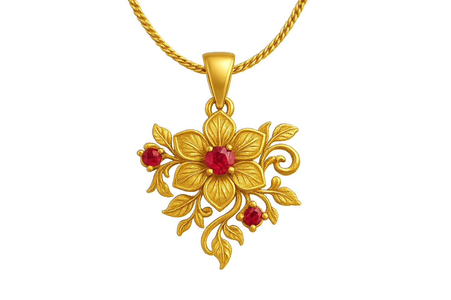 Elegant 22KT gold pendant necklace with intricate floral design. Perfect for festive and daily wear. with ruby give the image in format no background