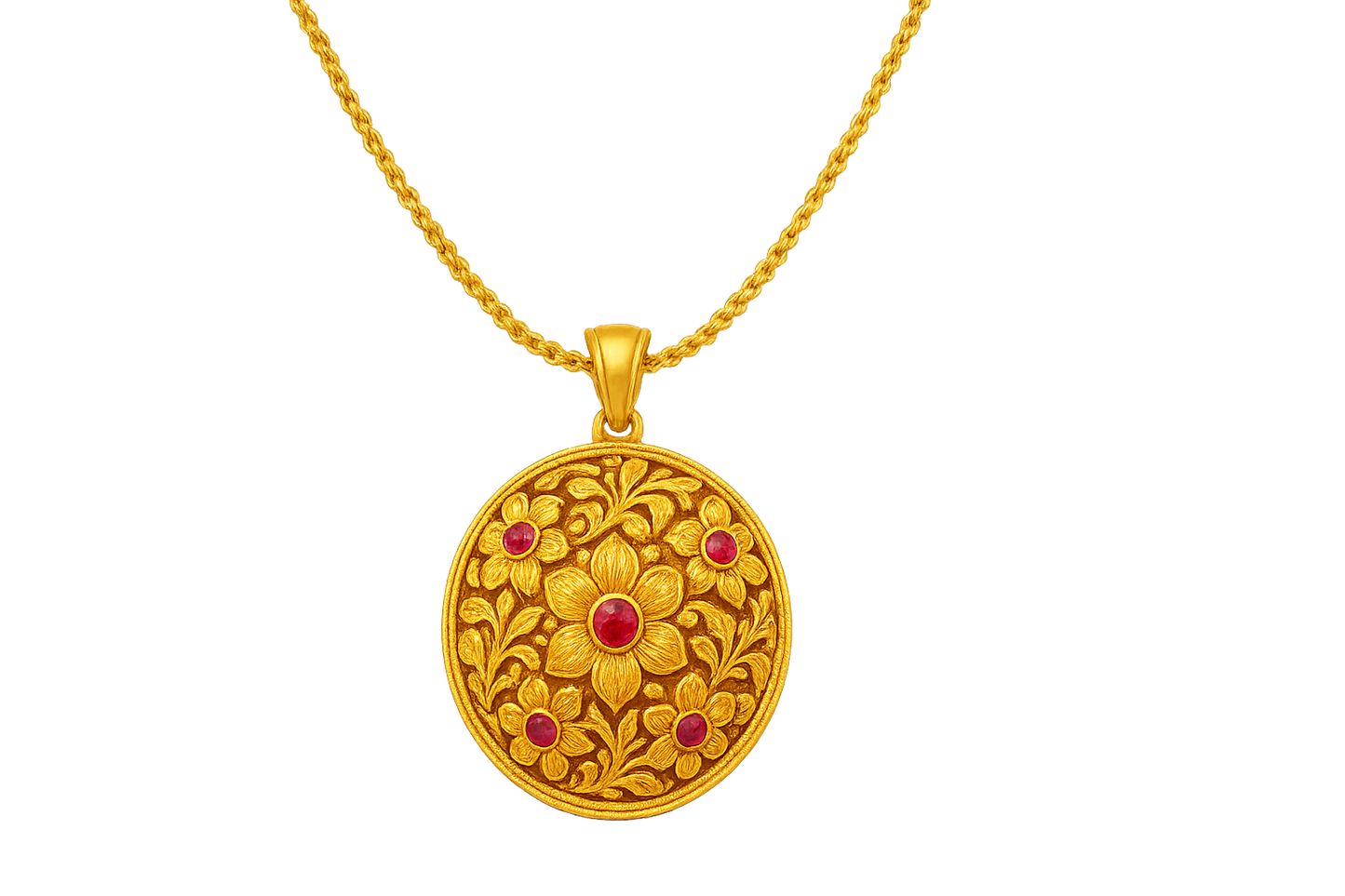 Elegant 22KT gold pendant necklace with intricate floral design. Perfect for festive and daily wear. with ruby give the image in format no background 