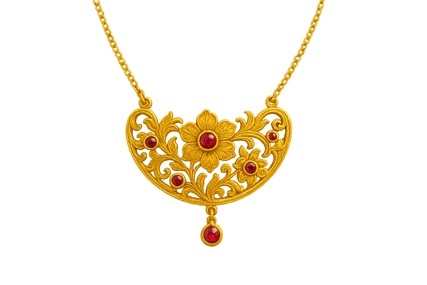 Elegant 22KT gold pendant necklace with intricate floral design. Perfect for festive and daily wear. with ruby give the image in format no background 