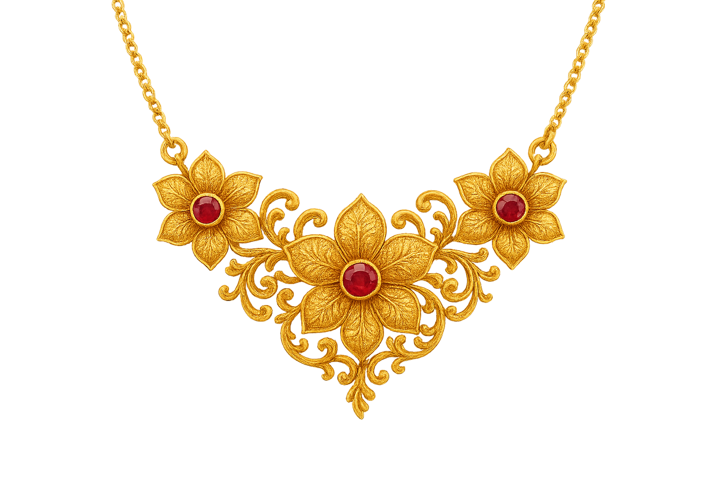 Elegant 22KT gold pendant necklace with intricate floral design. Perfect for festive and daily wear. with ruby give the image in format no background 