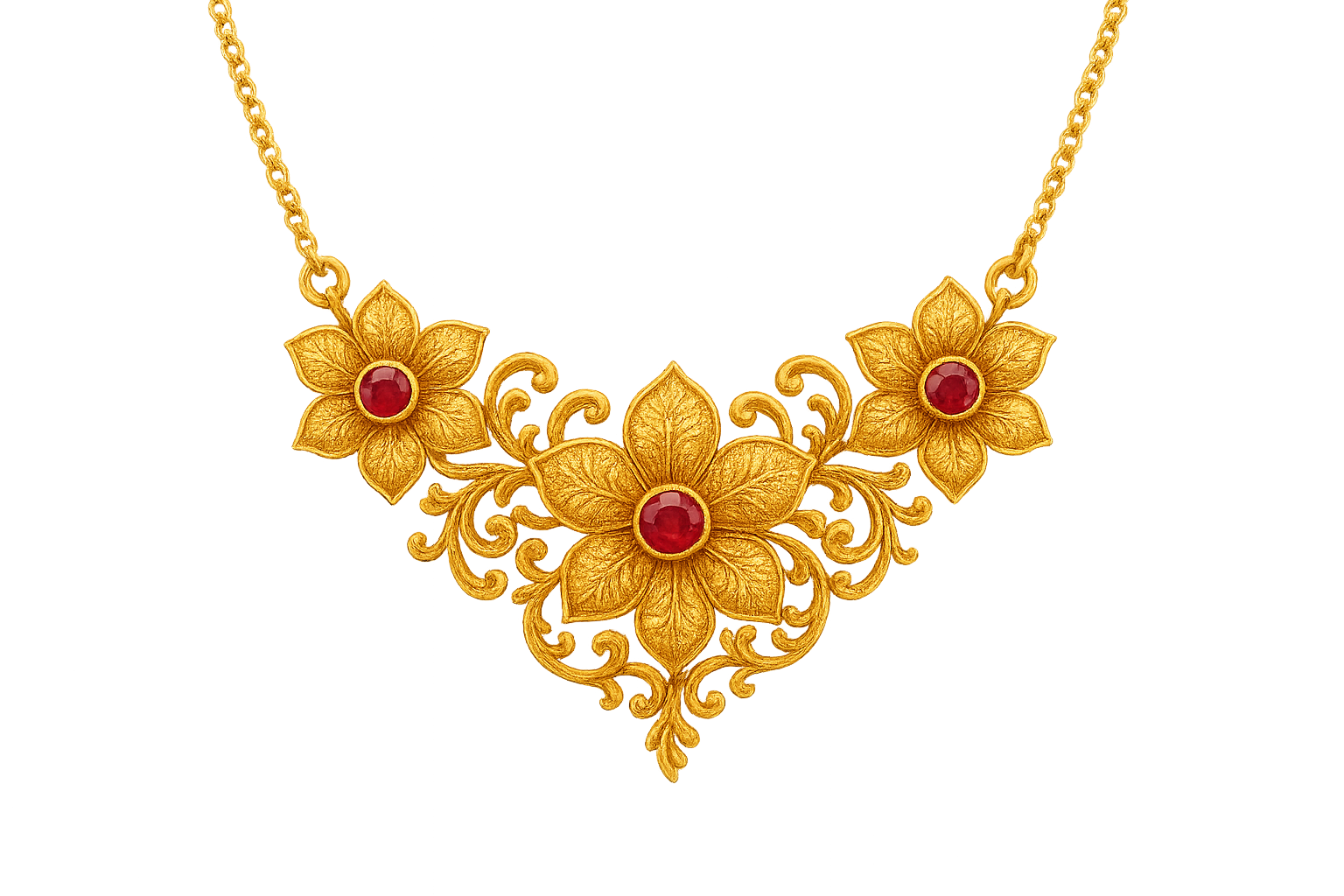 Elegant 22KT gold pendant necklace with intricate floral design. Perfect for festive and daily wear. with ruby give the image in format no background 