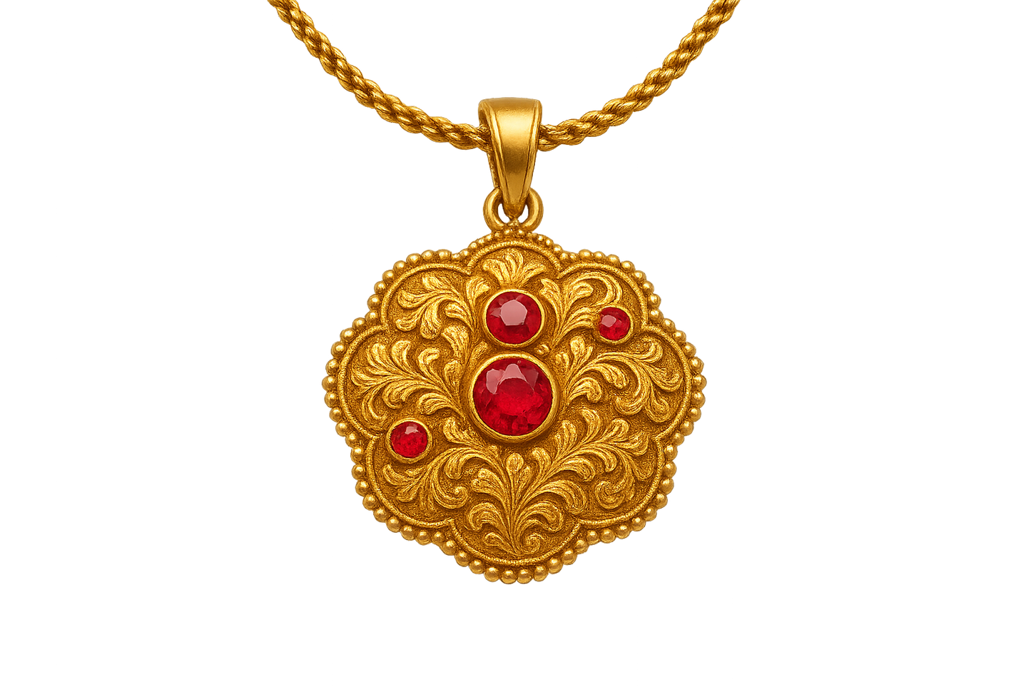 Elegant 22KT gold pendant necklace with intricate floral design. Perfect for festive and daily wear. with ruby give the image in png format no background