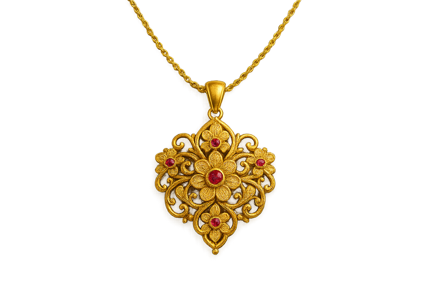Elegant 22KT gold pendant necklace with intricate floral design. Perfect for festive and daily wear. with ruby give the image in png format no background  