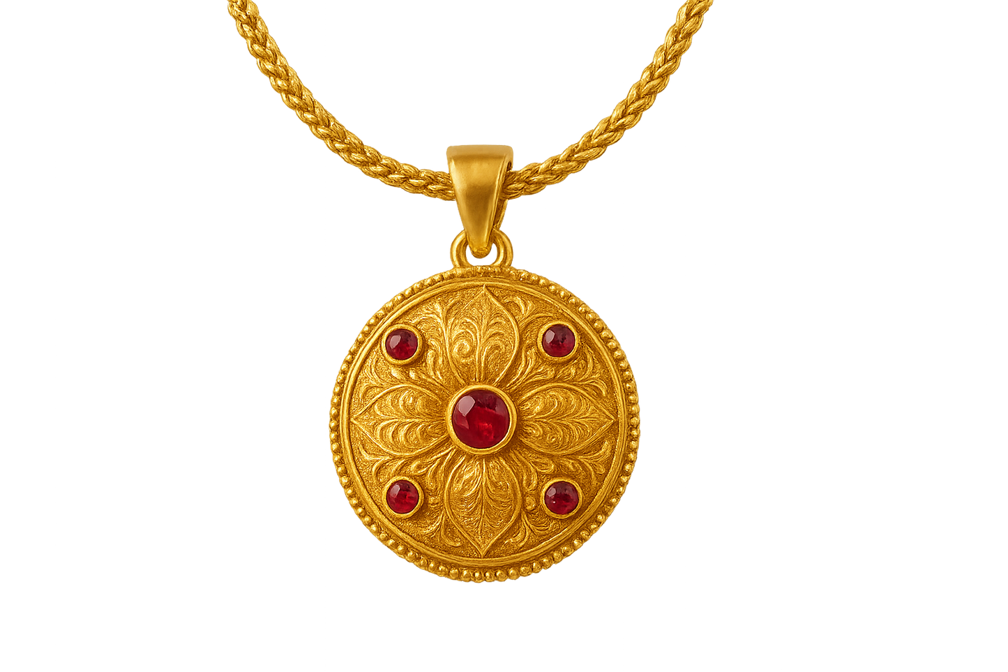Elegant 22KT gold pendant necklace with intricate floral design. Perfect for festive and daily wear. with ruby give the image in png format no background