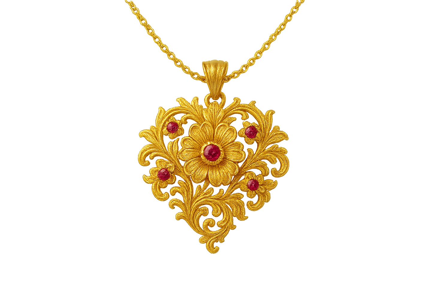 Elegant 22KT gold pendant necklace with intricate floral design. Perfect for festive and daily wear. with ruby give the image in png format no background 