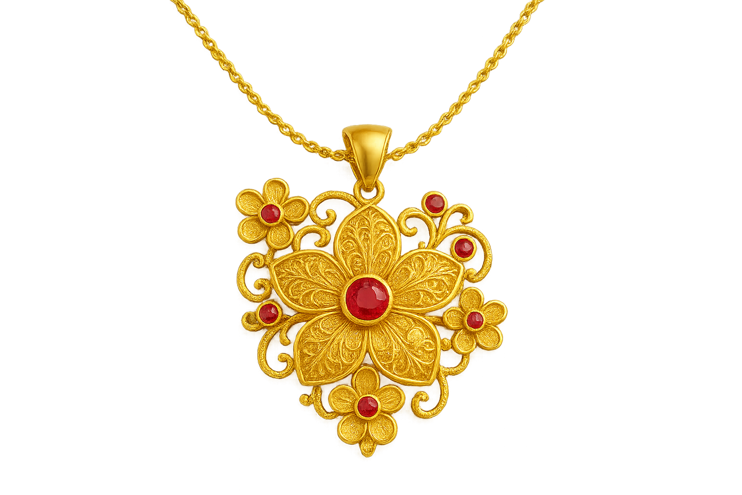 Elegant 22KT gold pendant necklace with intricate floral design. Perfect for festive and daily wear. with ruby give the image in png format no background 
