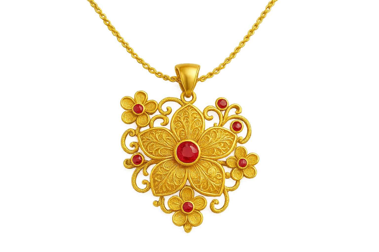 Elegant 22KT gold pendant necklace with intricate floral design. Perfect for festive and daily wear. with ruby give the image in png format no background 