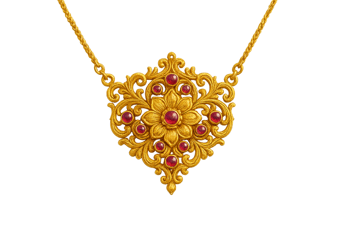 Elegant 22KT gold pendant necklace with intricate floral design. Perfect for festive and daily wear. with ruby give the image in png format no background 
