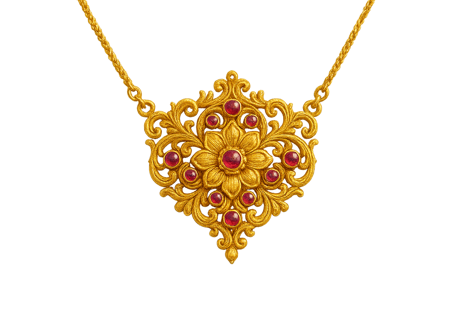 Elegant 22KT gold pendant necklace with intricate floral design. Perfect for festive and daily wear. with ruby give the image in png format no background 
