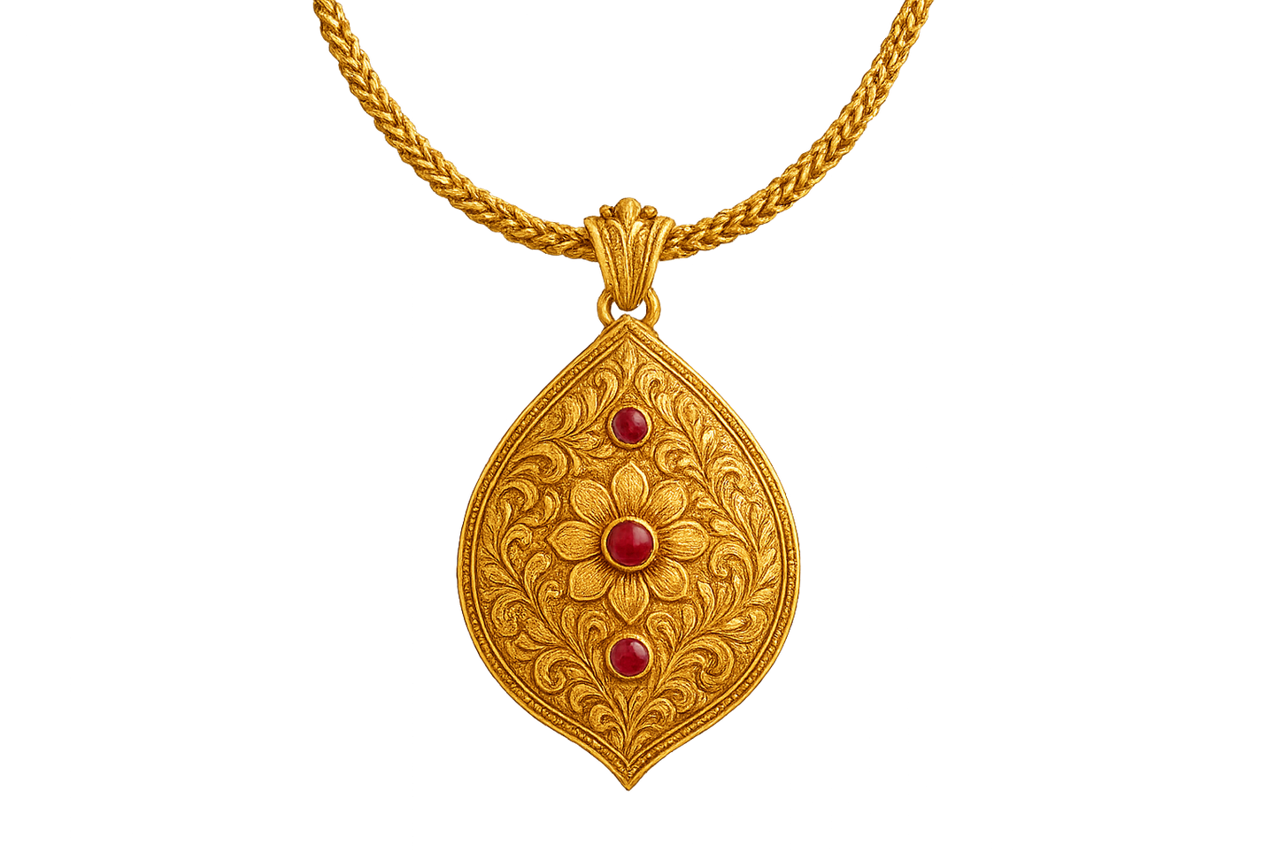 Elegant 22KT gold pendant necklace with intricate floral design. Perfect for festive and daily wear. with ruby give the image in png format no background