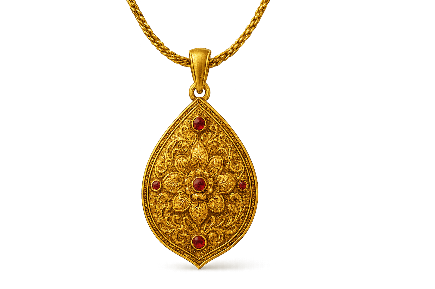 Elegant 22KT gold pendant necklace with intricate floral design. Perfect for festive and daily wear. with ruby give the image in png format no background