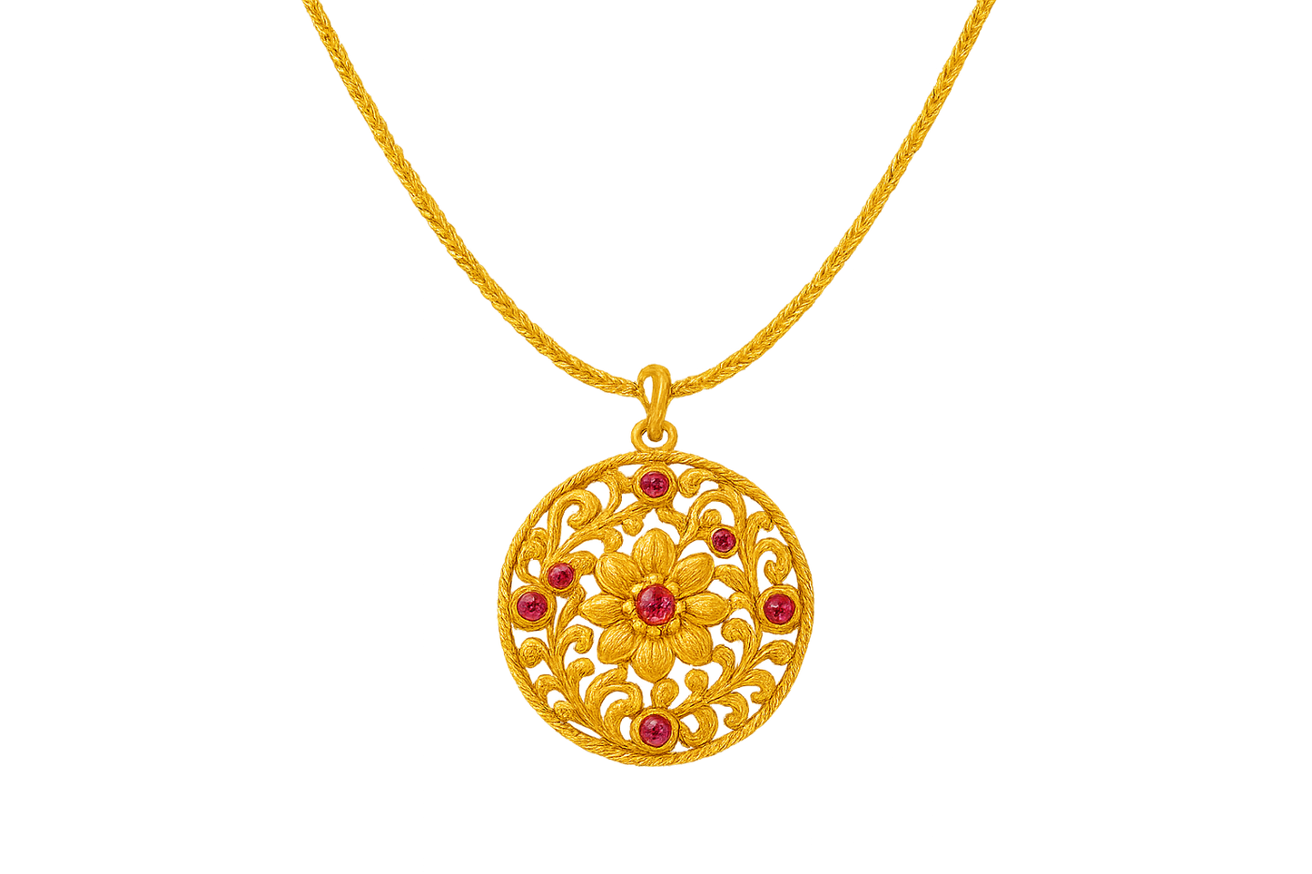 Elegant 22KT gold pendant necklace with intricate floral design. Perfect for festive and daily wear. with ruby give the image in png format no background 