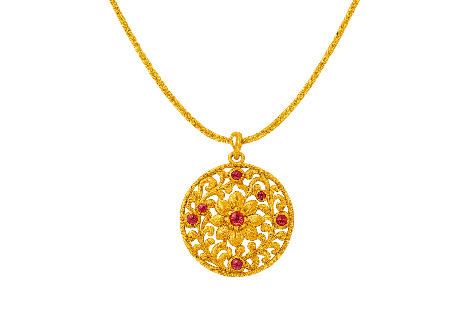 Elegant 22KT gold pendant necklace with intricate floral design. Perfect for festive and daily wear. with ruby give the image in png format no background 