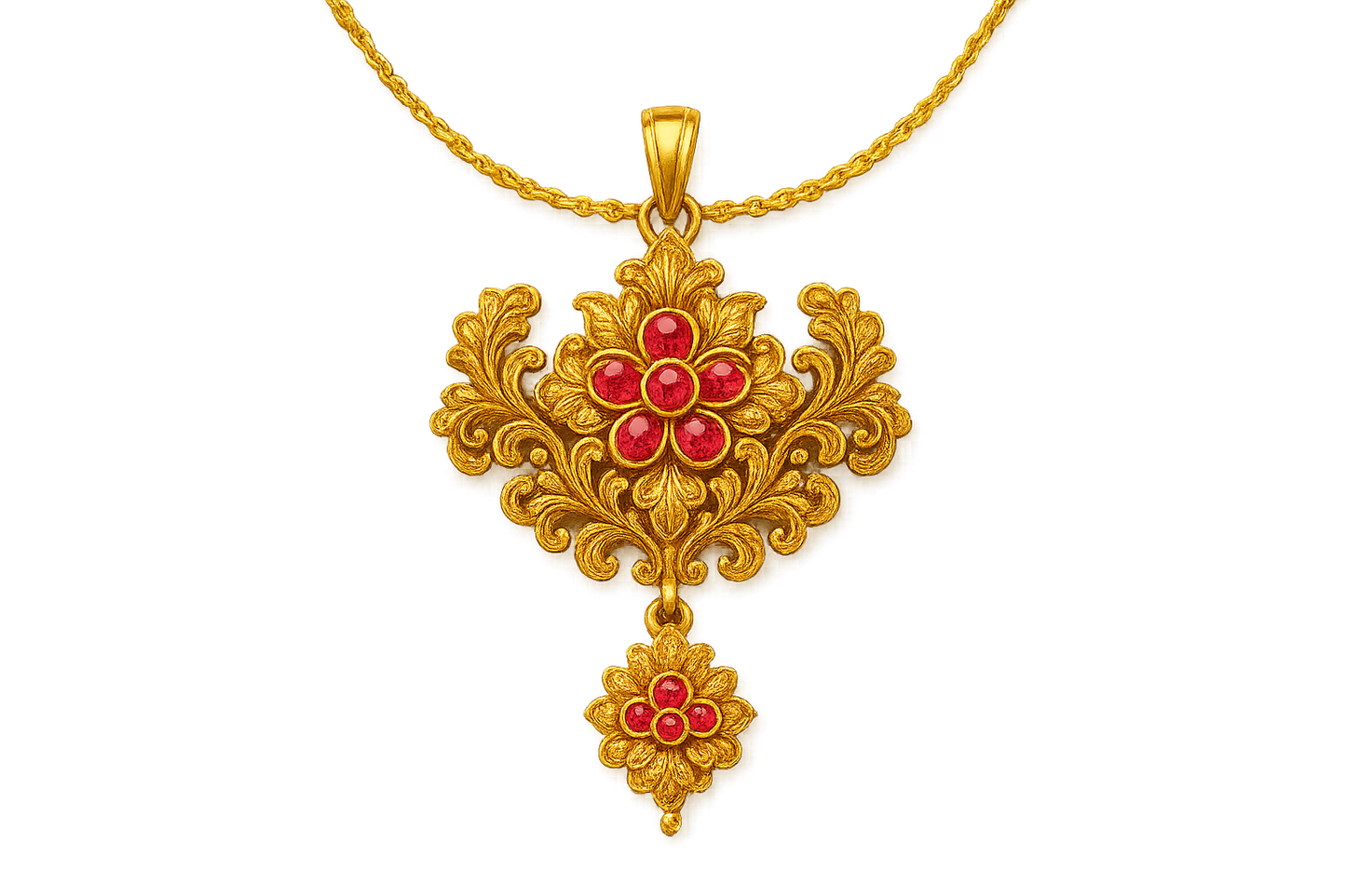 Elegant 22KT gold pendant necklace with intricate floral design. Perfect for festive and daily wear. with ruby give the image in png format no background 