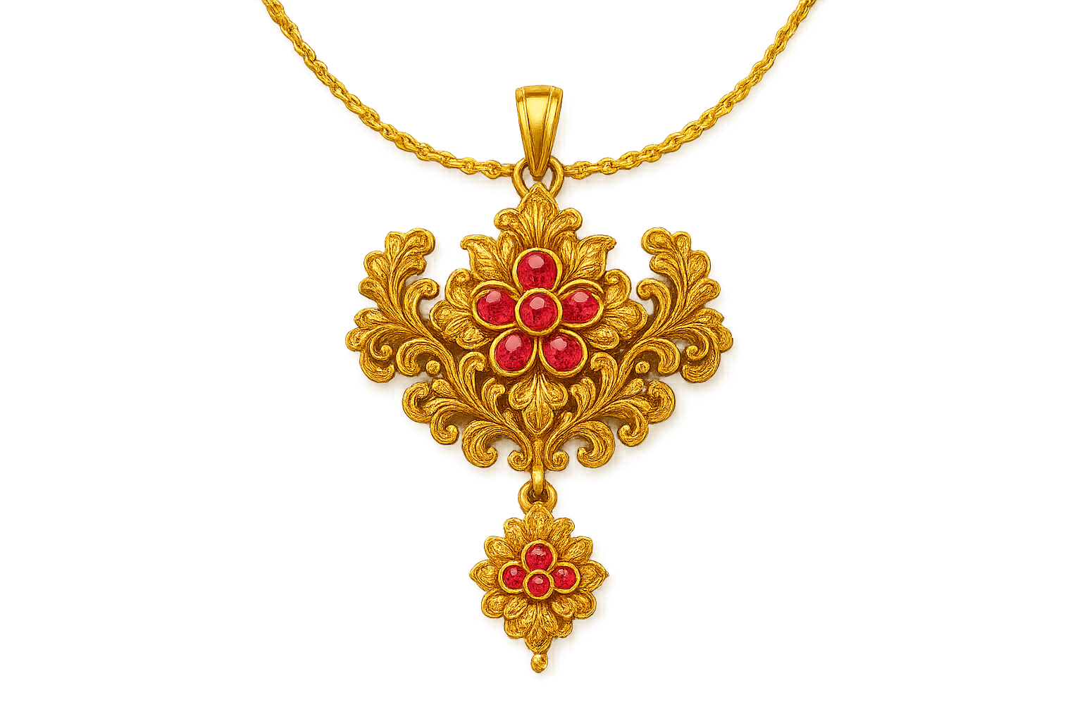 Elegant 22KT gold pendant necklace with intricate floral design. Perfect for festive and daily wear. with ruby give the image in png format no background 